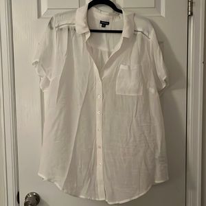 Flowy White Button Down Blouse with Shoulder Detail
